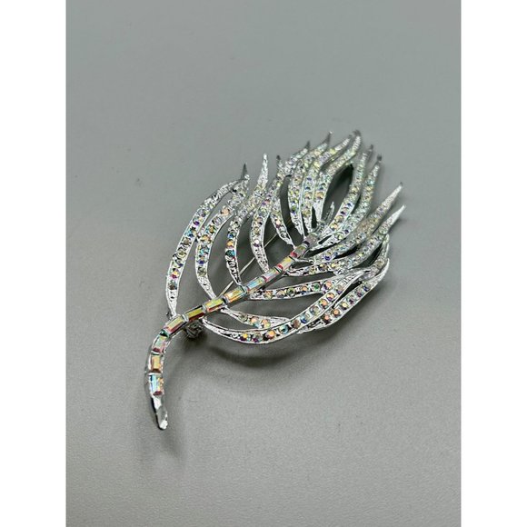 Vintage Rhinestones Feather Pin Brooch Silver Tone Aurora Borealis Oversized Pin - Picture 3 of 9